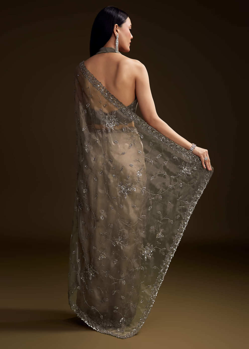 Grey Tissue Saree With Floral Jaal And Sequin Embroidery