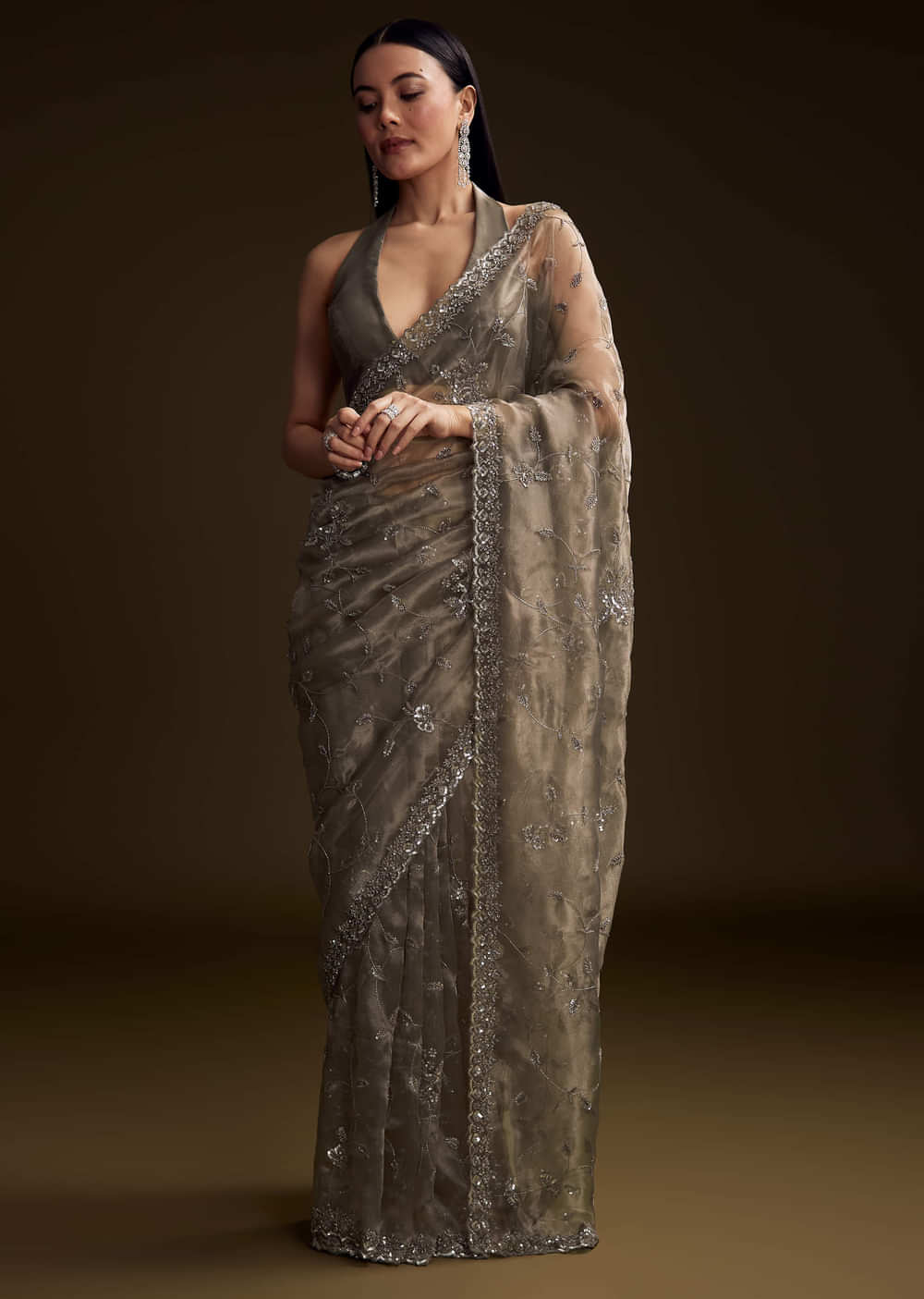 Grey Tissue Saree With Floral Jaal And Sequin Embroidery