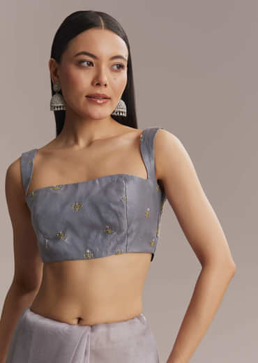 Grey Tissue Saree With Resham And Moti Embroidery