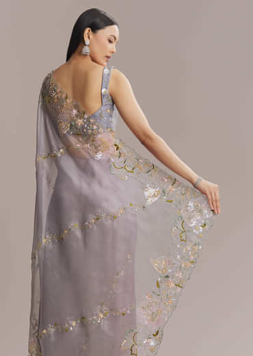 Grey Tissue Saree With Resham And Moti Embroidery