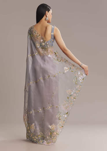 Grey Tissue Saree With Resham And Moti Embroidery