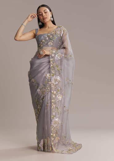 Grey Tissue Saree With Resham And Moti Embroidery