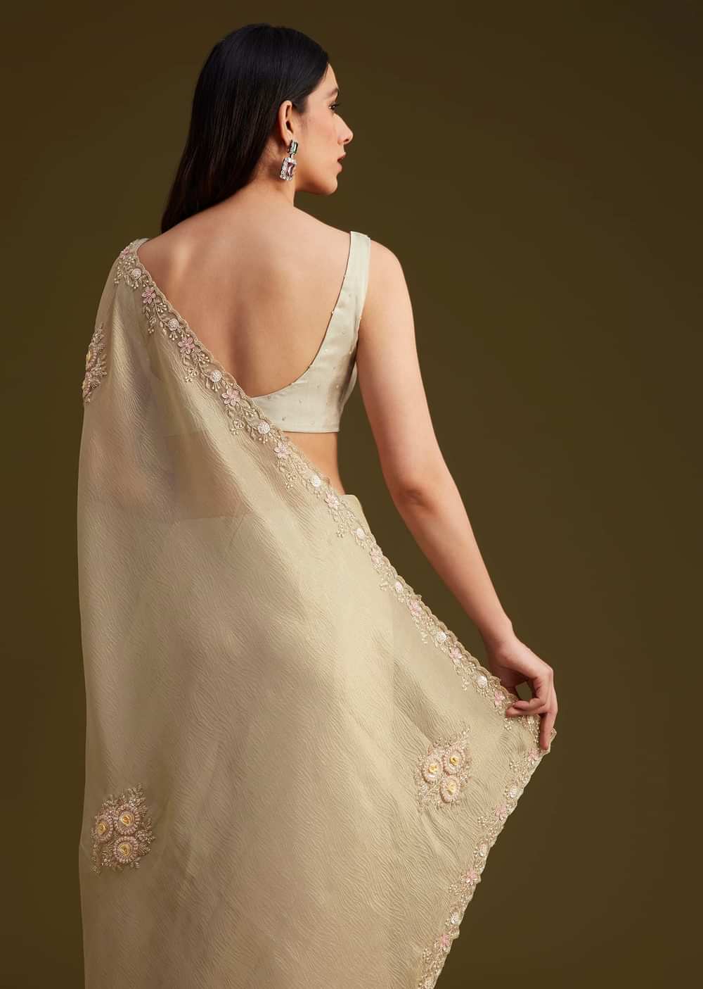 Grey Tissue Saree With Sequins And Cutdana Work