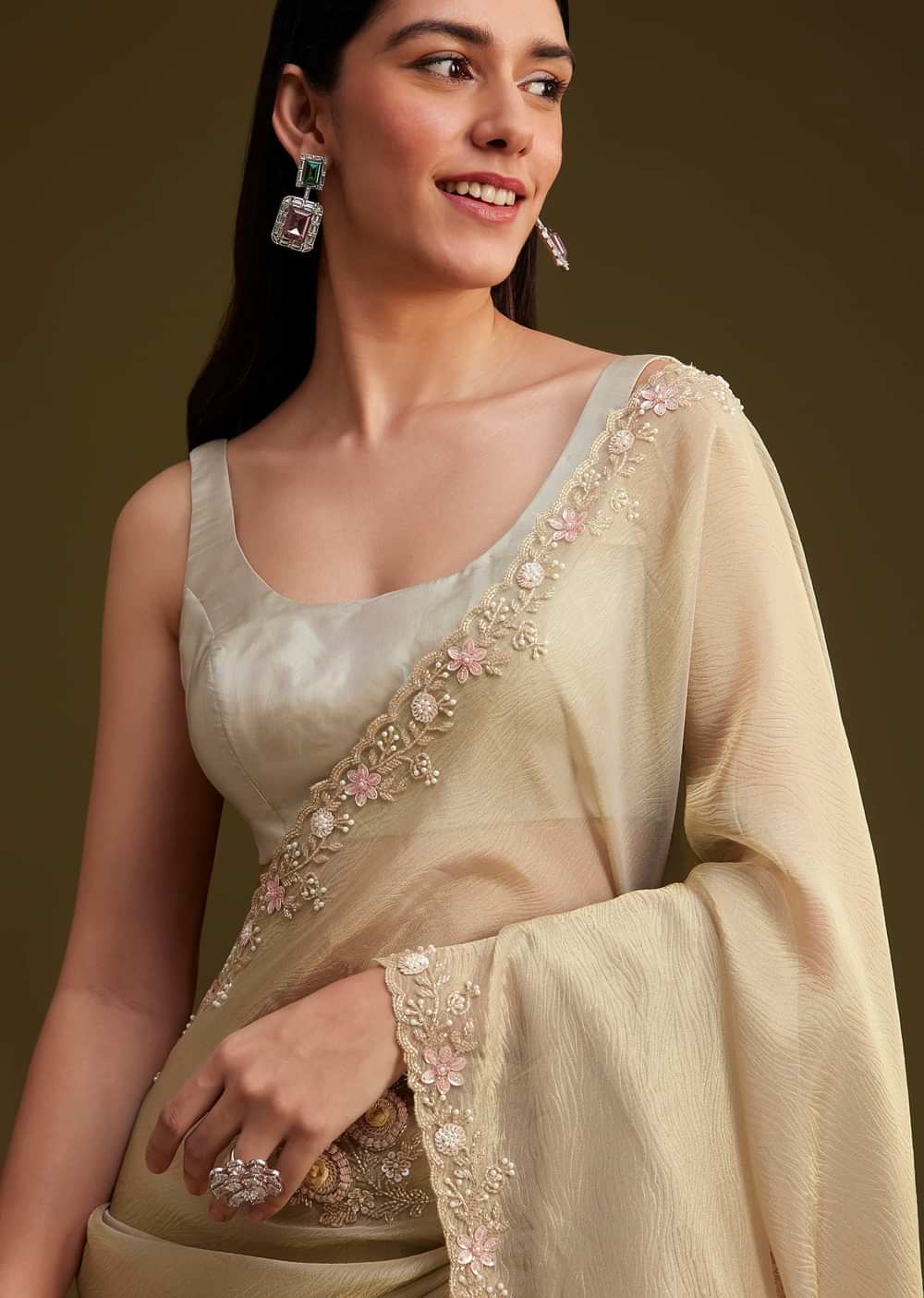 Grey Tissue Saree With Sequins And Cutdana Work