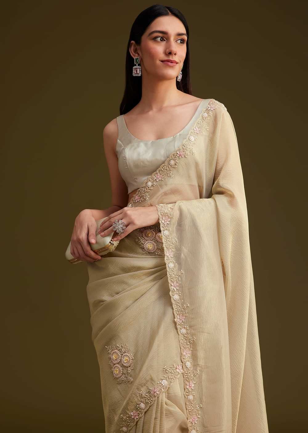 Grey Tissue Saree With Sequins And Cutdana Work