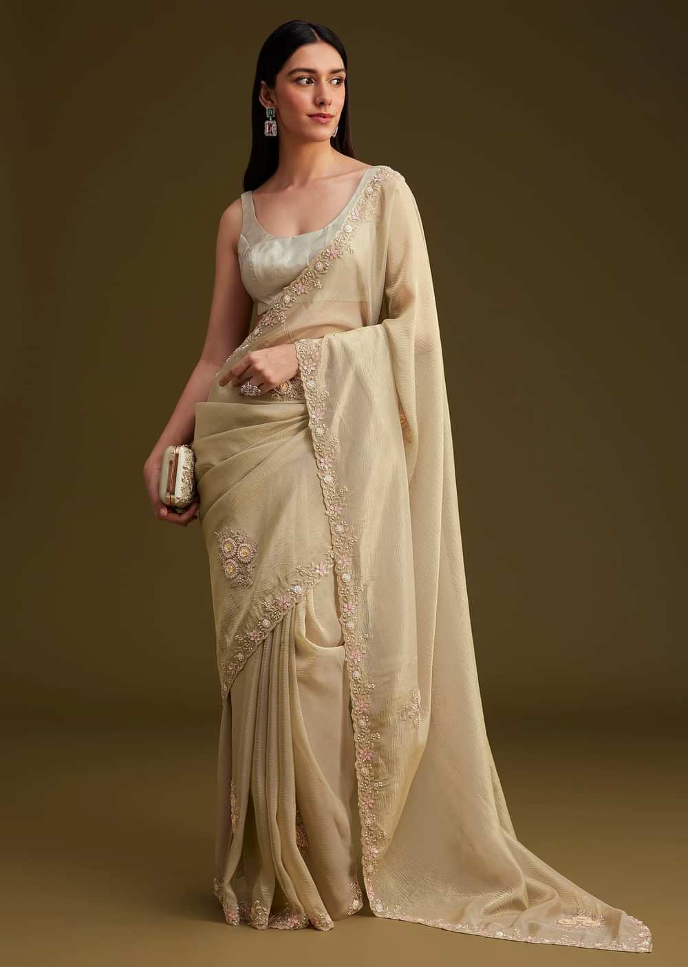 Grey Tissue Saree With Sequins And Cutdana Work