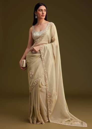 Grey Tissue Saree With Sequins And Cutdana Work