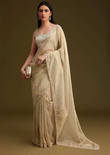 Grey Tissue Saree With Sequins And Cutdana Work