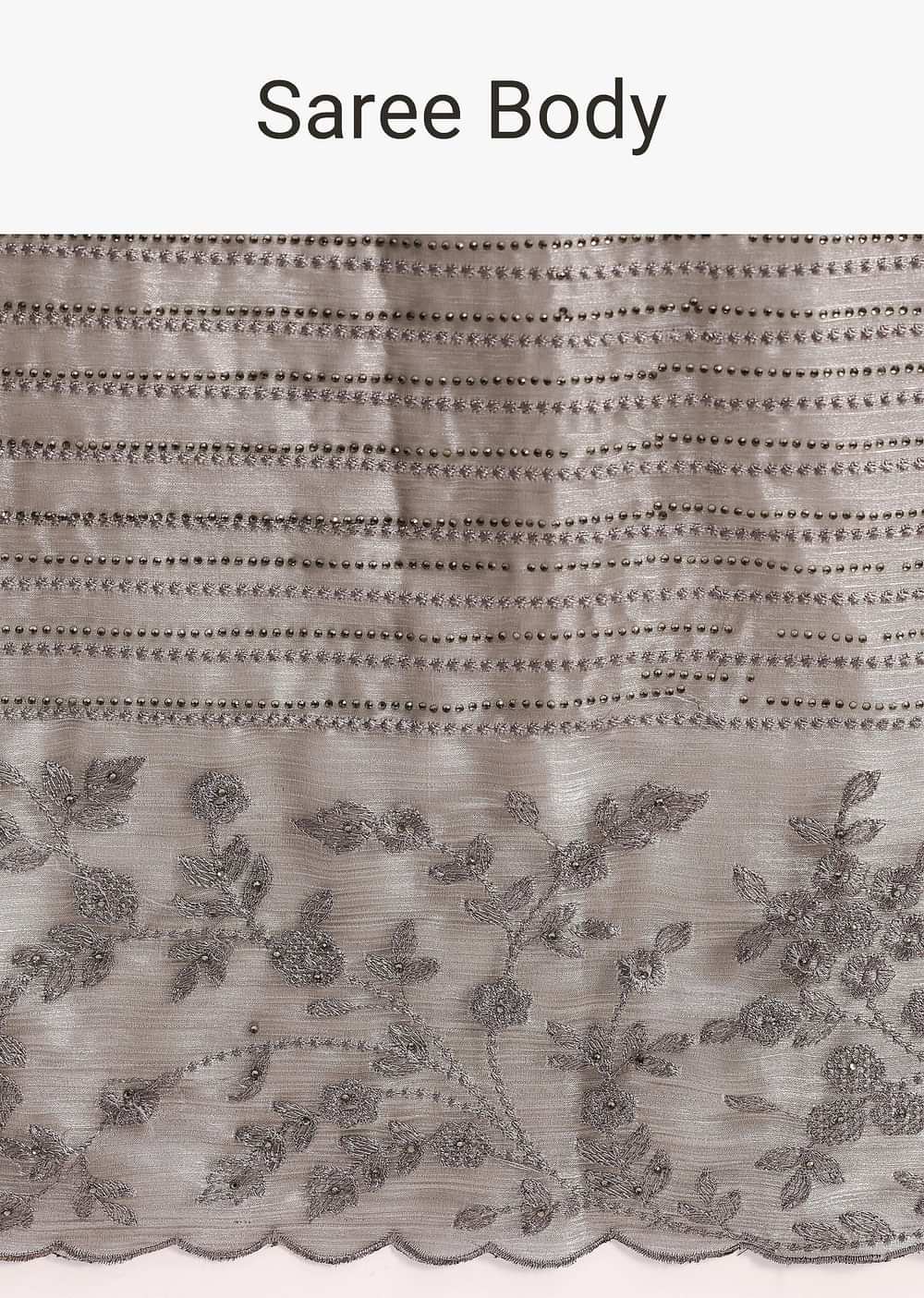 Grey Tissue Saree With Thread And Stone Embroidery And Unstitched Blouse