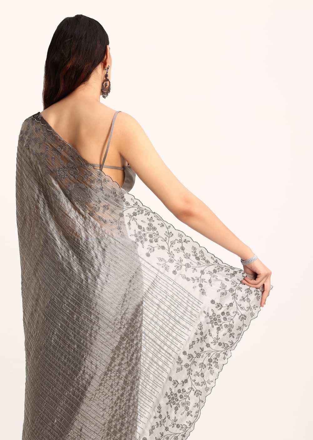 Grey Tissue Saree With Thread And Stone Embroidery And Unstitched Blouse