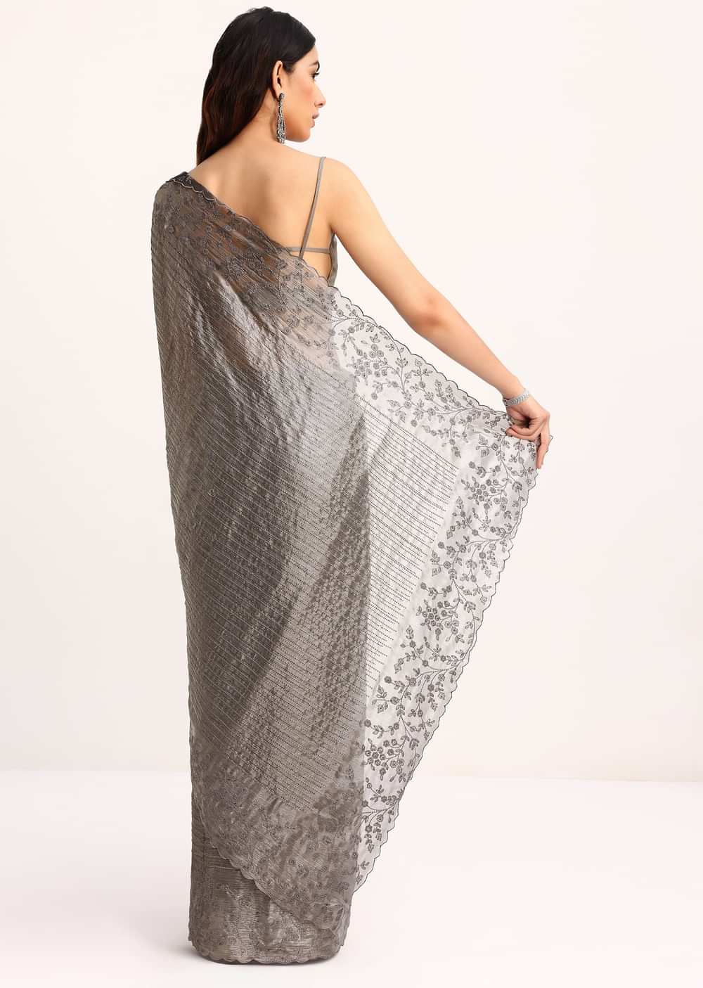 Grey Tissue Saree With Thread And Stone Embroidery And Unstitched Blouse