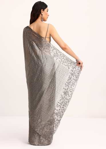 Grey Tissue Saree With Thread And Stone Embroidery And Unstitched Blouse