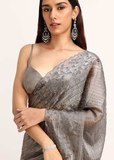 Grey Tissue Saree With Thread And Stone Embroidery And Unstitched Blouse