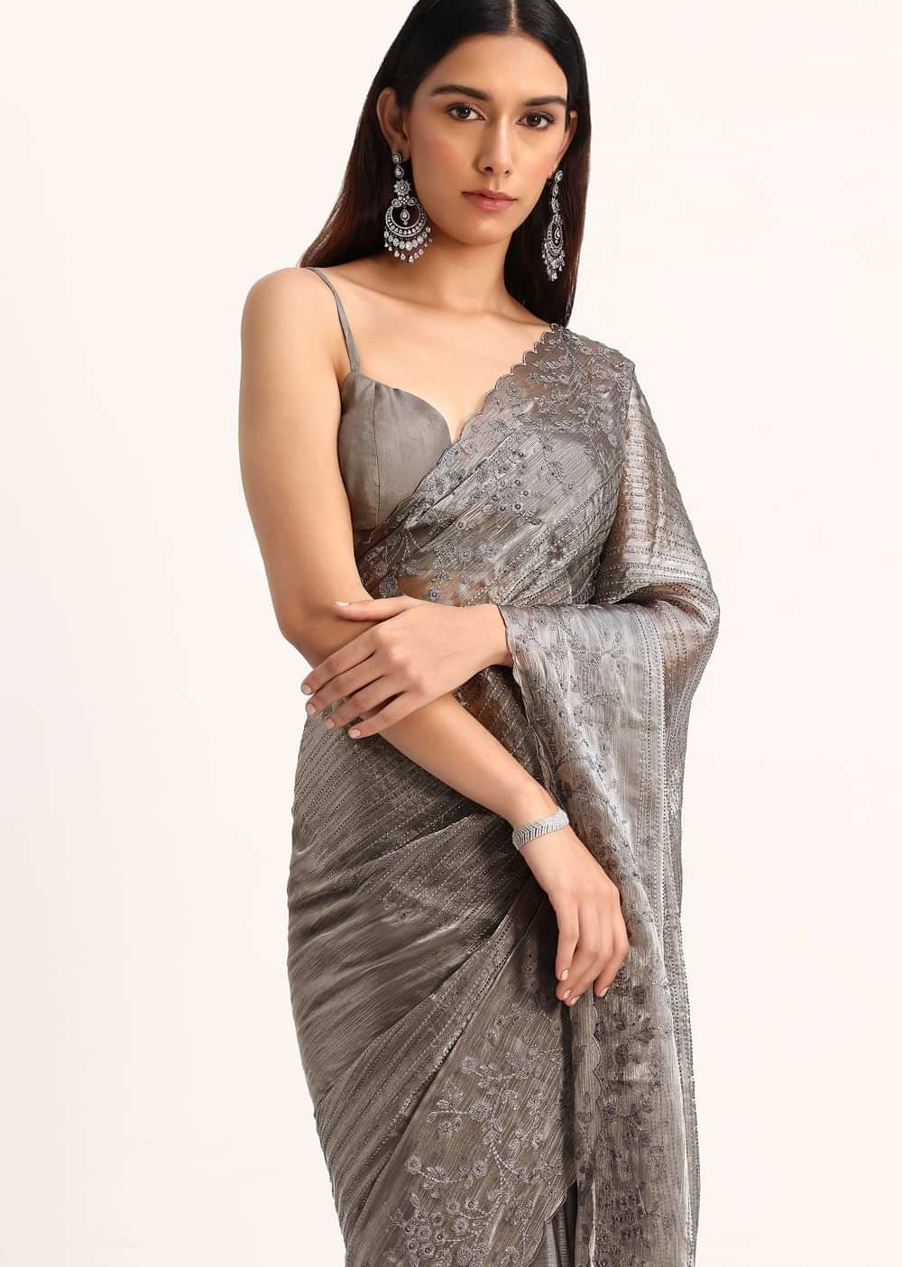 Grey Tissue Saree With Thread And Stone Embroidery And Unstitched Blouse
