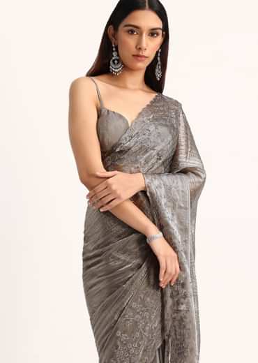 Grey Tissue Saree With Thread And Stone Embroidery And Unstitched Blouse