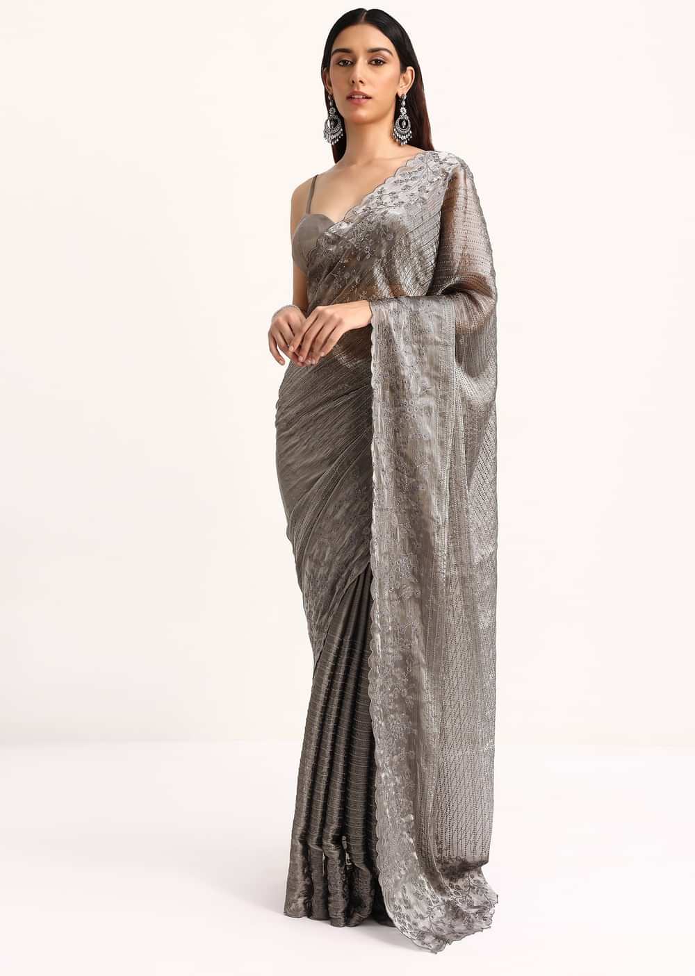 Grey Tissue Saree With Thread And Stone Embroidery And Unstitched Blouse