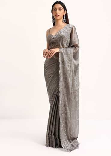Grey Tissue Saree With Thread And Stone Embroidery And Unstitched Blouse