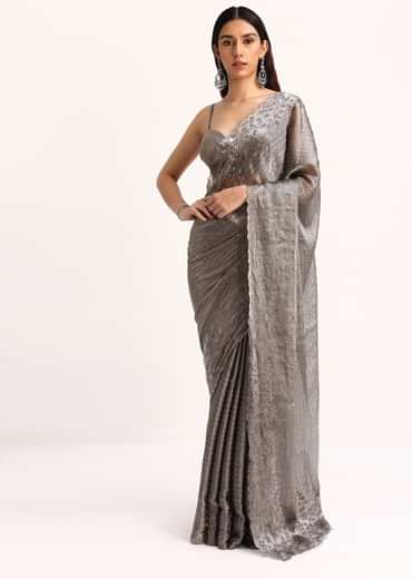Grey Tissue Saree With Thread And Stone Embroidery And Unstitched Blouse