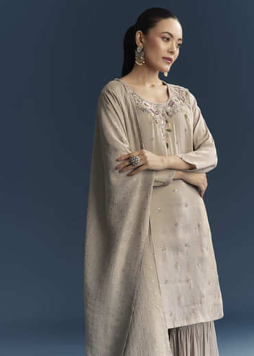 Grey Tissue Sharara Suit With Zardosi And Resham Embroidery