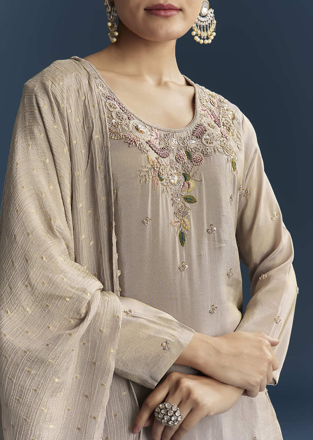 Grey Tissue Sharara Suit With Zardosi And Resham Embroidery