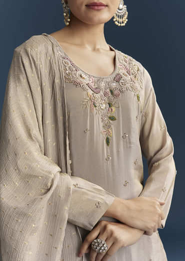 Grey Tissue Sharara Suit With Zardosi And Resham Embroidery