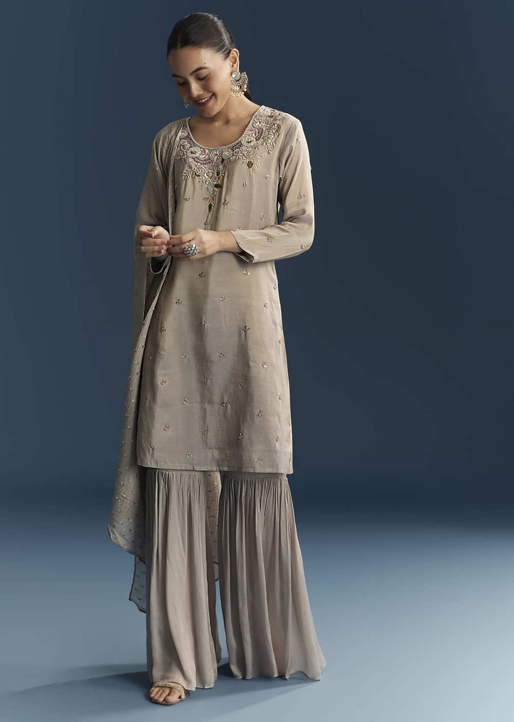 Grey Tissue Sharara Suit With Zardosi And Resham Embroidery