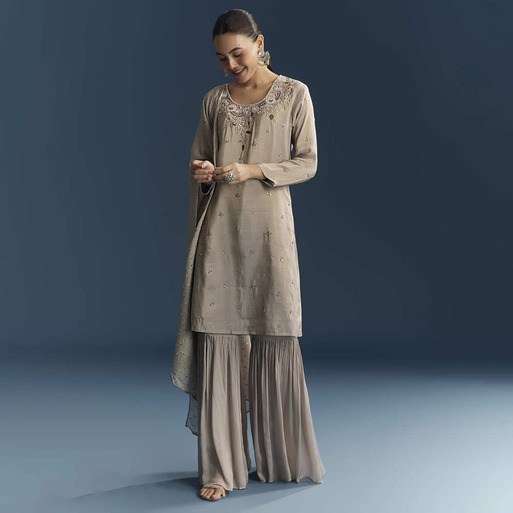 Grey Tissue Sharara Suit With Zardosi And Resham Embroidery