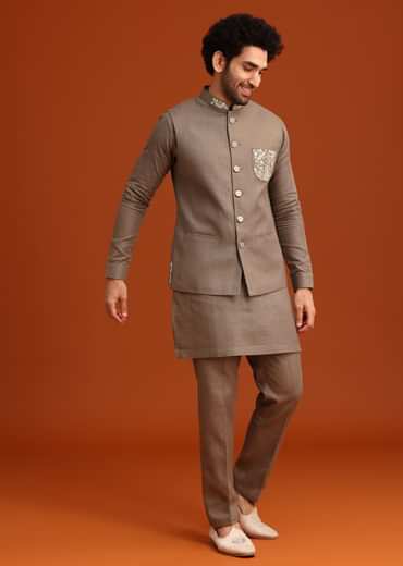 Grey Zardozi Work Linen Jacket Kurta Set