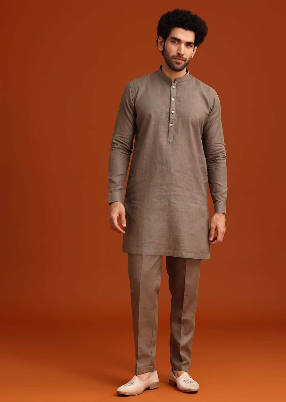 Grey Zardozi Work Linen Jacket Kurta Set
