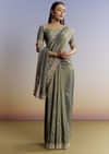 Greyish Blue Tissue Saree With French Knot Resham Embroidery