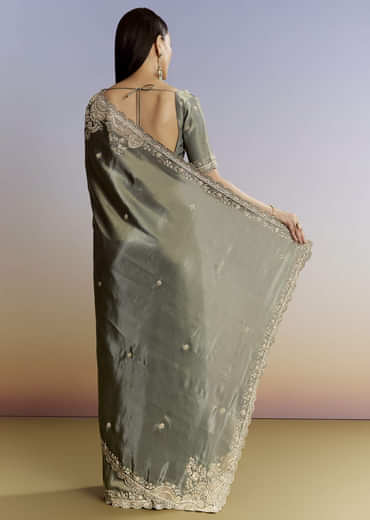 Greyish Blue Tissue Saree With French Knot Resham Embroidery