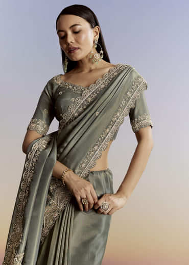 Greyish Blue Tissue Saree With French Knot Resham Embroidery