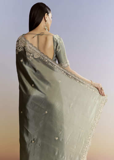 Greyish Blue Tissue Saree With French Knot Resham Embroidery