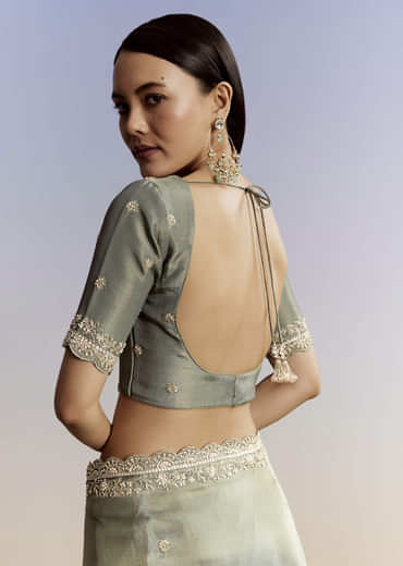 Greyish Blue Tissue Saree With French Knot Resham Embroidery