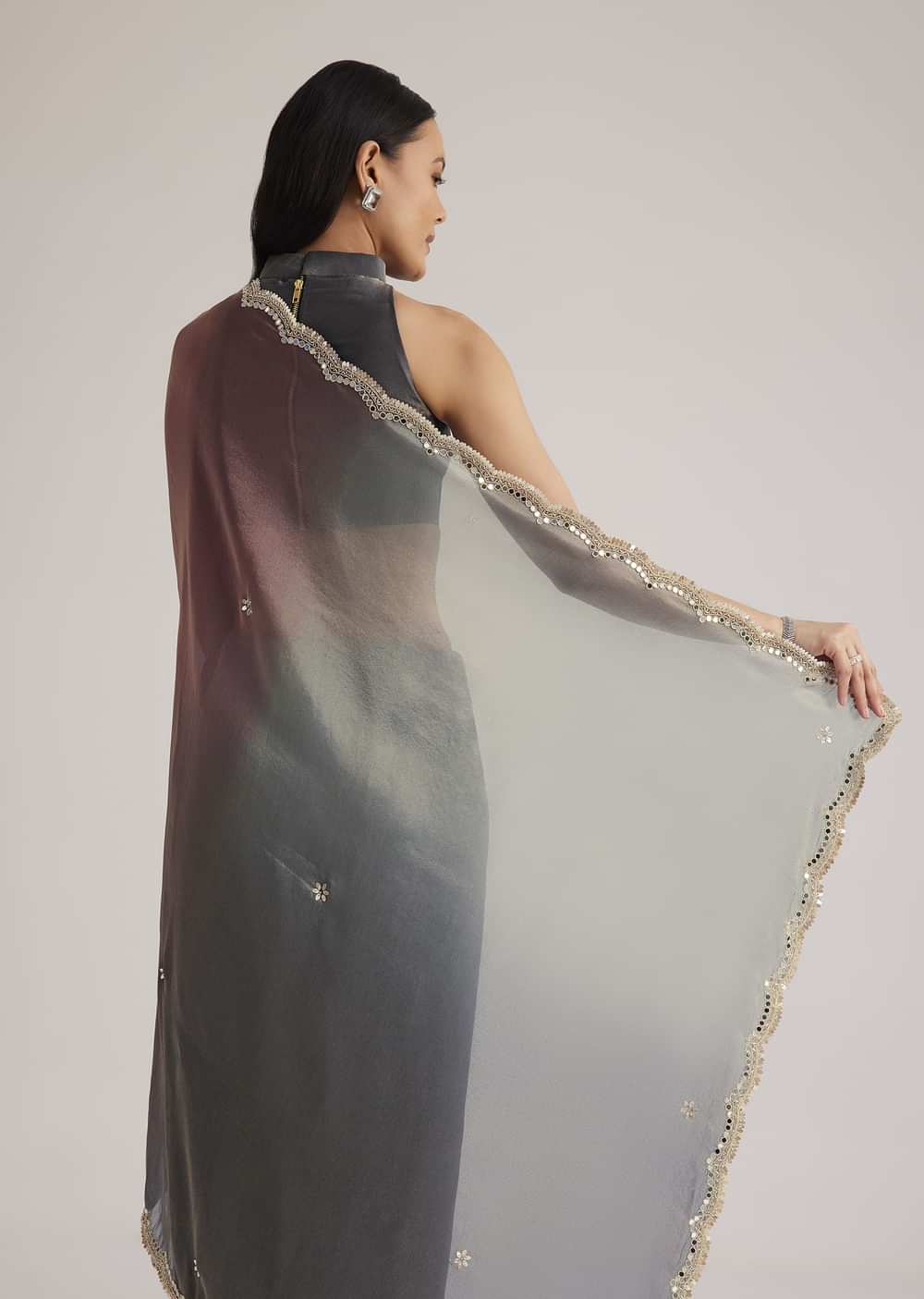 Greyish Purple Ombre Tissue Saree With Scallop Border