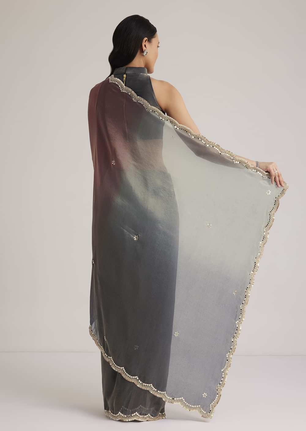 Greyish Purple Ombre Tissue Saree With Scallop Border