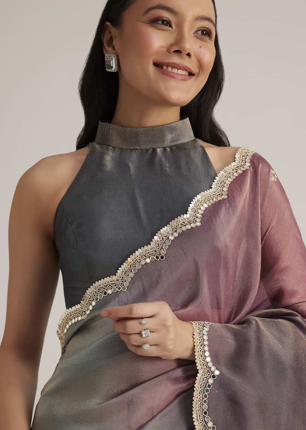 Greyish Purple Ombre Tissue Saree With Scallop Border