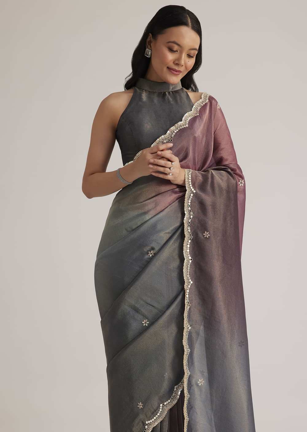 Greyish Purple Ombre Tissue Saree With Scallop Border