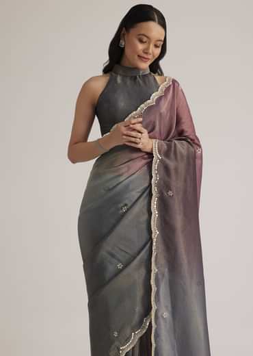 Greyish Purple Ombre Tissue Saree With Scallop Border