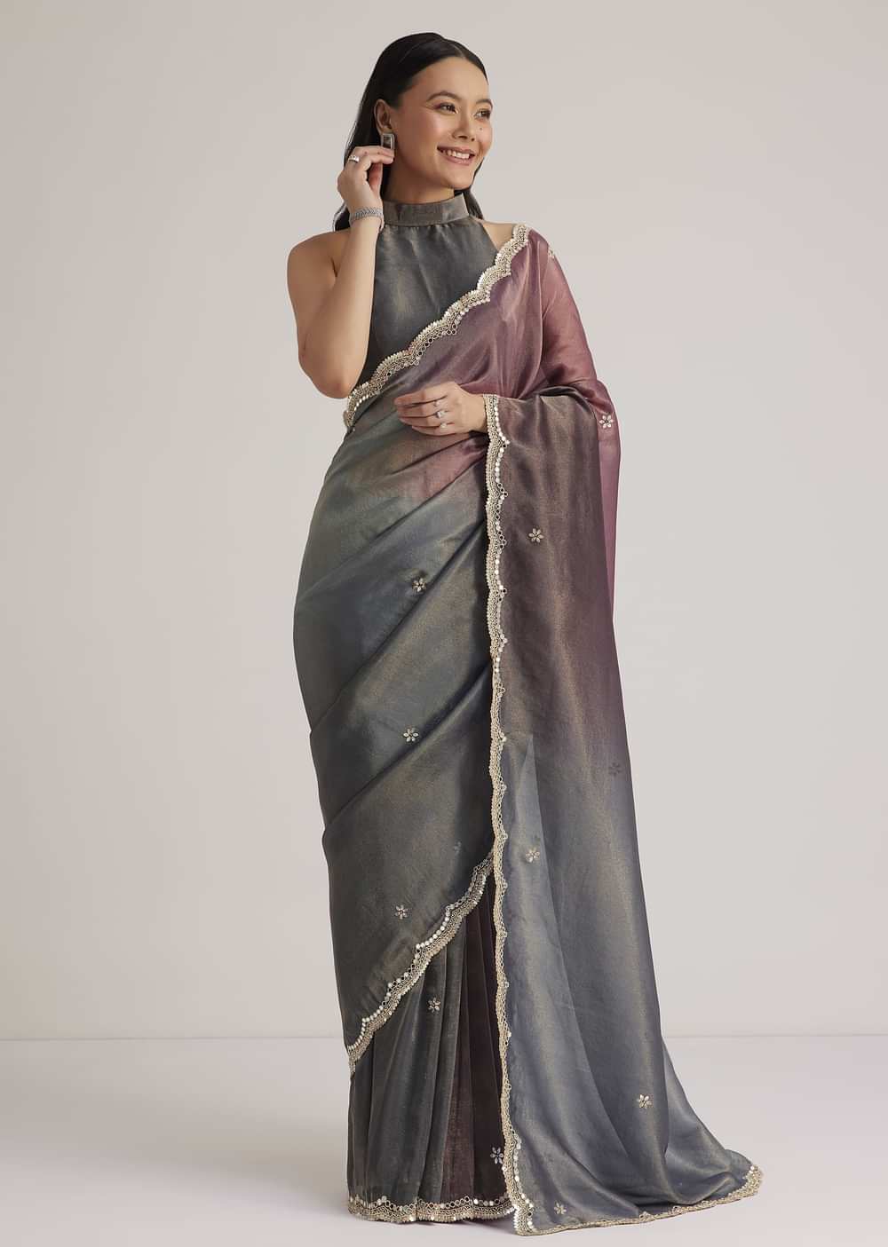 Greyish Purple Ombre Tissue Saree With Scallop Border