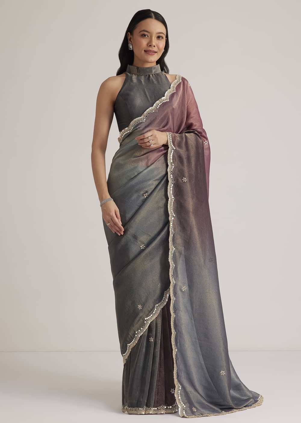 Greyish Purple Ombre Tissue Saree With Scallop Border
