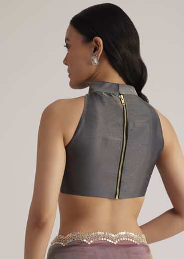 Greyish Purple Ombre Tissue Saree With Scallop Border