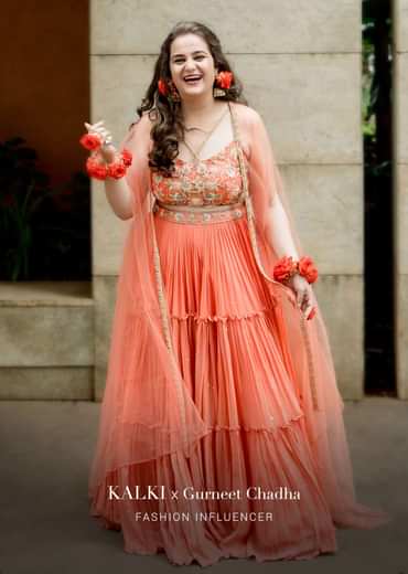 Coral Tiered Skirt And Crop Top With Cutdana Embellished Floral Blossoms And Ruffle Dupatta