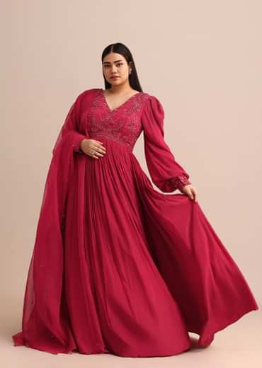 Hand Embroidery Red Anarkali Suit With Organza Dupatta