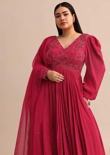 Hand Embroidery Red Anarkali Suit With Organza Dupatta