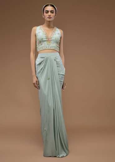 Harbor Grey-Green Mermaid Skirt And A Crop Top Set In 3D Cut Dana Motifs Embroidery, Paired With A Crop Top With A Plunging V Neckline