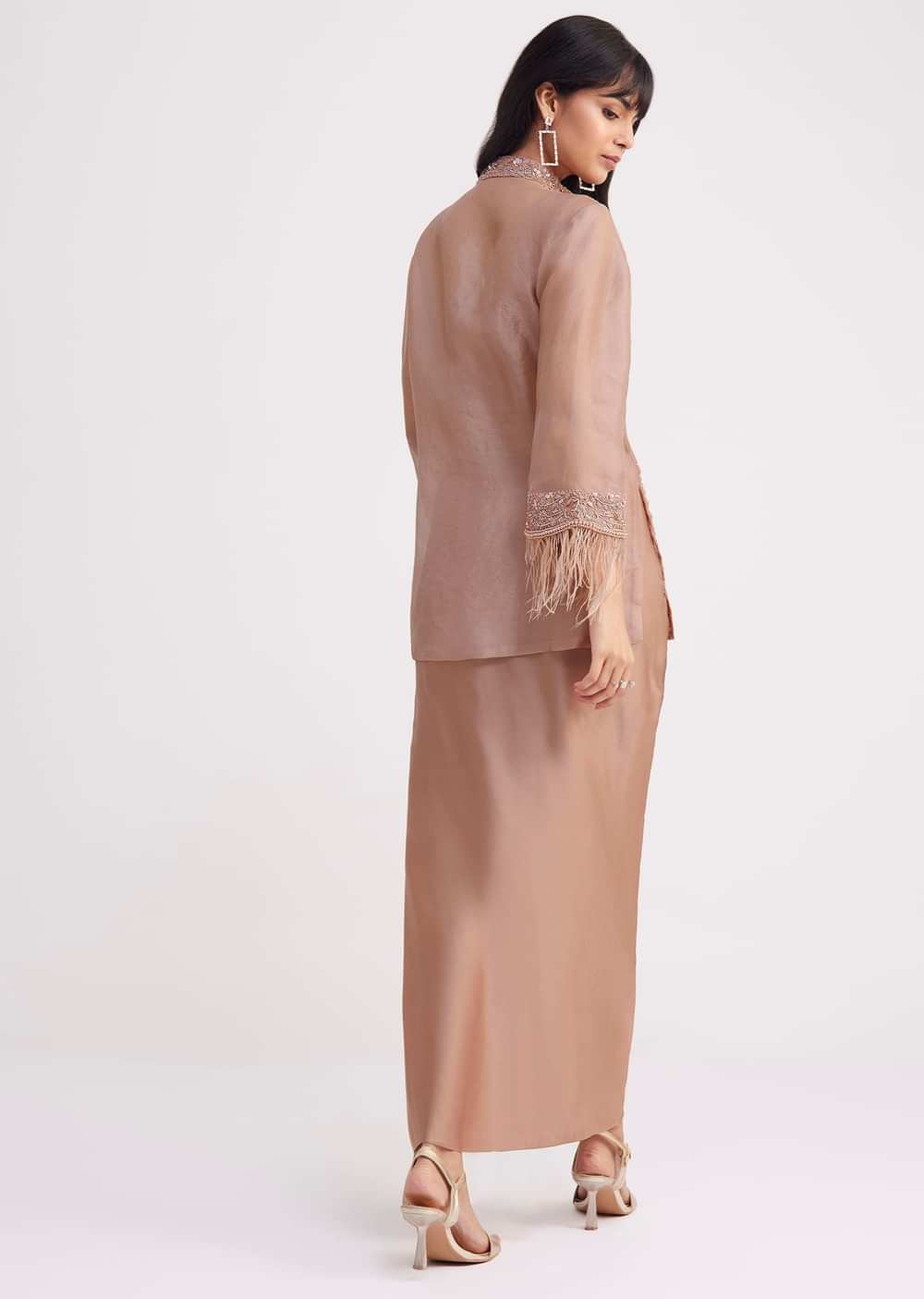 Hazelnut Beige Crop Top And Skirt With Embroidered Jacket