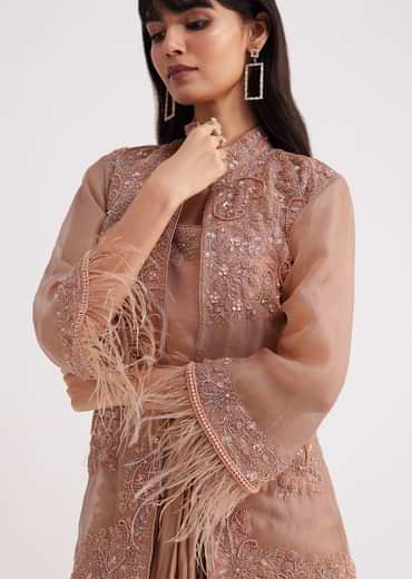 Hazelnut Beige Crop Top And Skirt With Embroidered Jacket