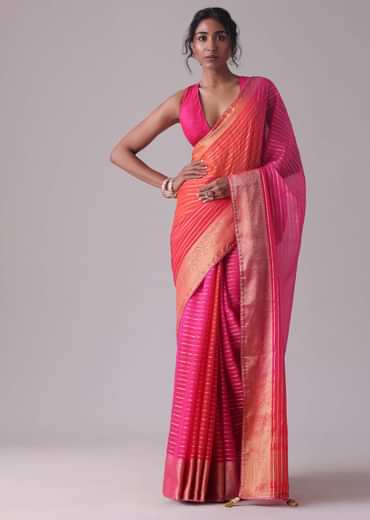 High-Risk Red Woven Ombre Saree In Organza