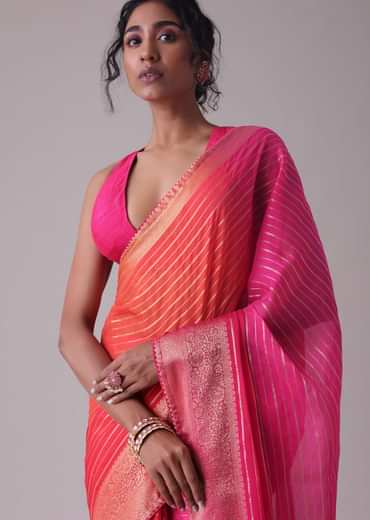 High-Risk Red Woven Ombre Saree In Organza